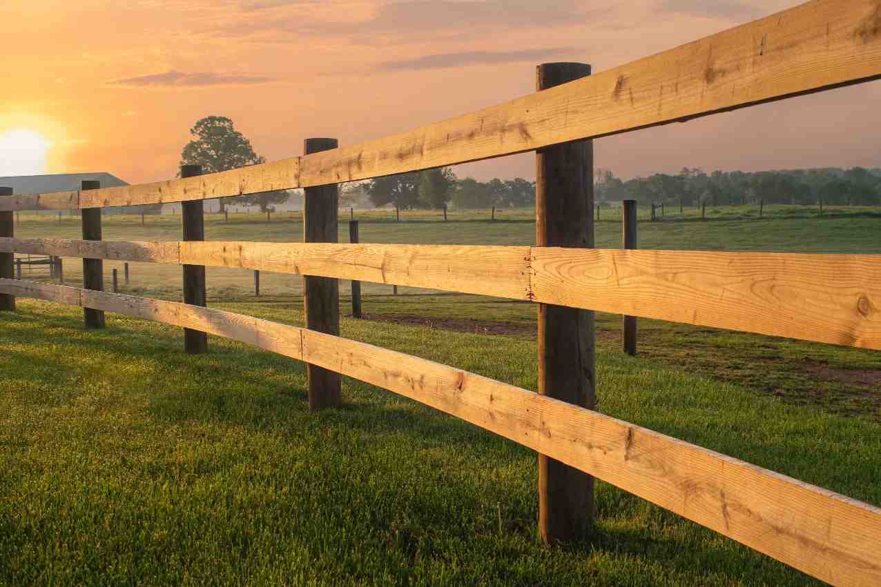 Sunrise light an arching split rail fence on the farm